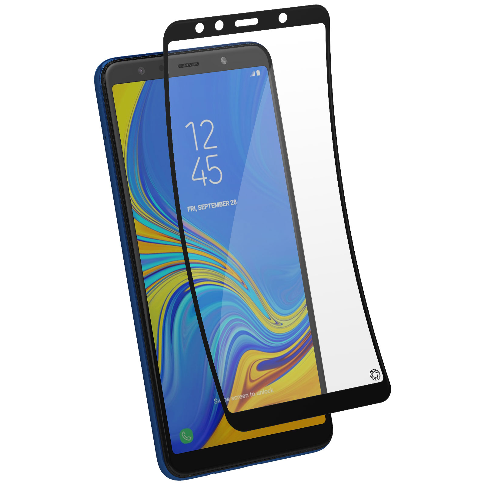 Een blauw smartphonescherm met een screenprotector erop.