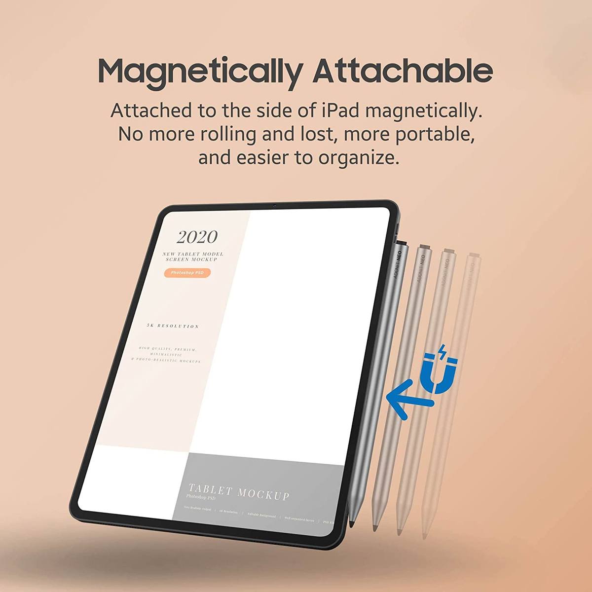 Un tablet con stilo attaccati magneticamente al lato.