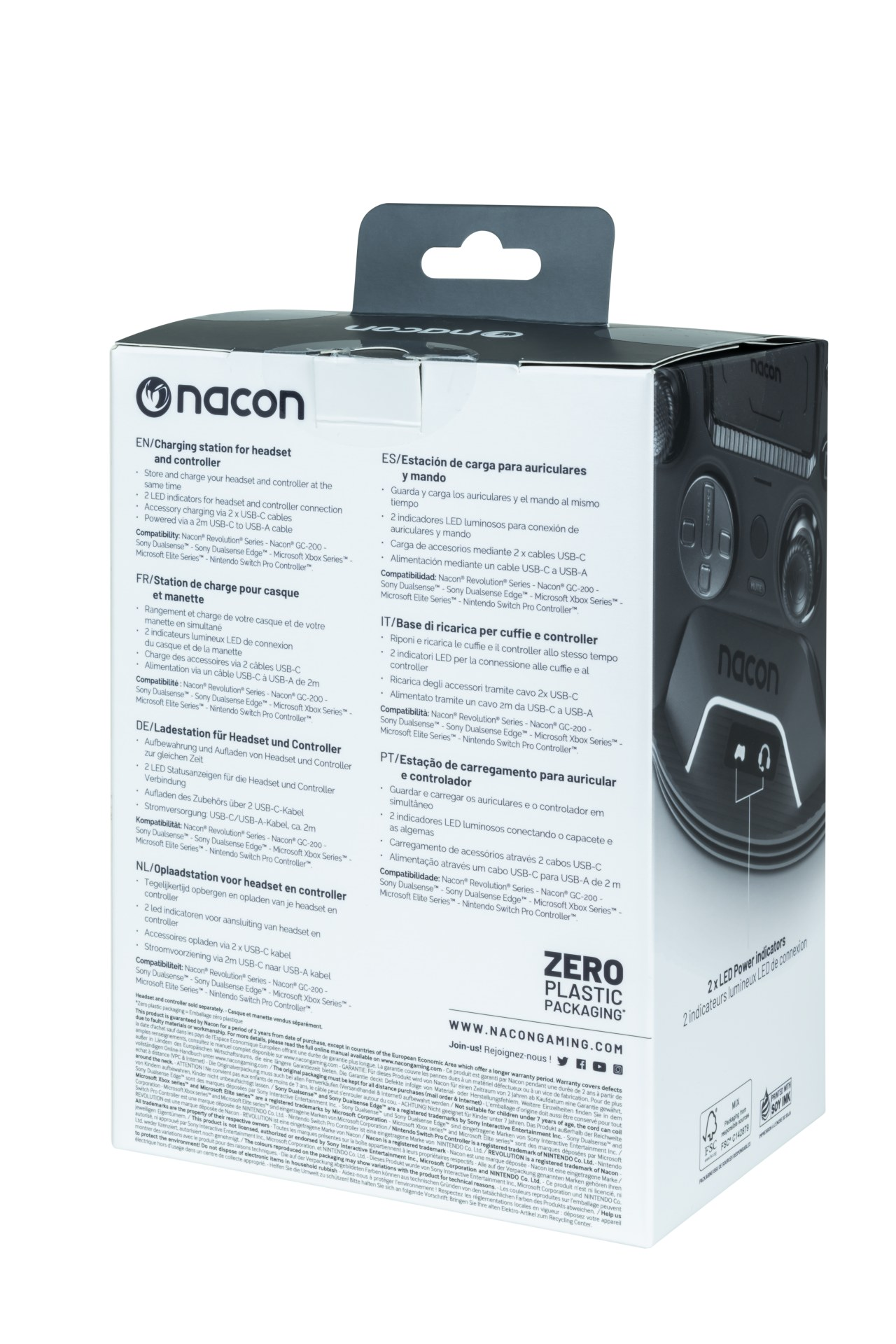 Base di ricarica Nacon per cuffie/controller con 2 porte di ricarica USB-C.