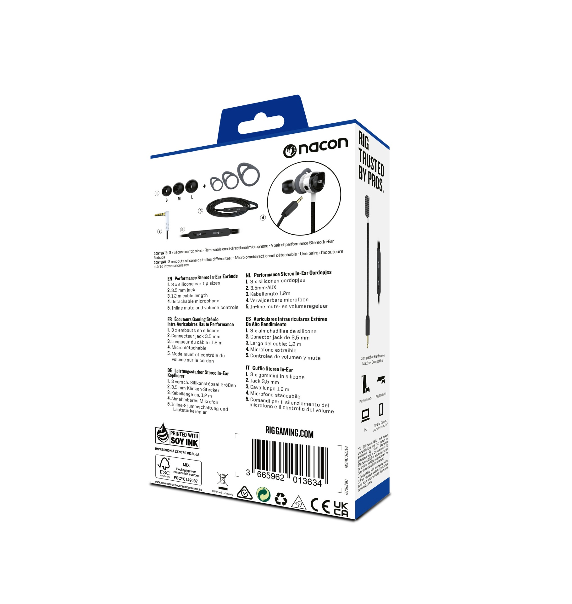 Słuchawki Nacon Stereo In-Ear z kablem, mikrofonem i akcesoriami na opakowaniu.