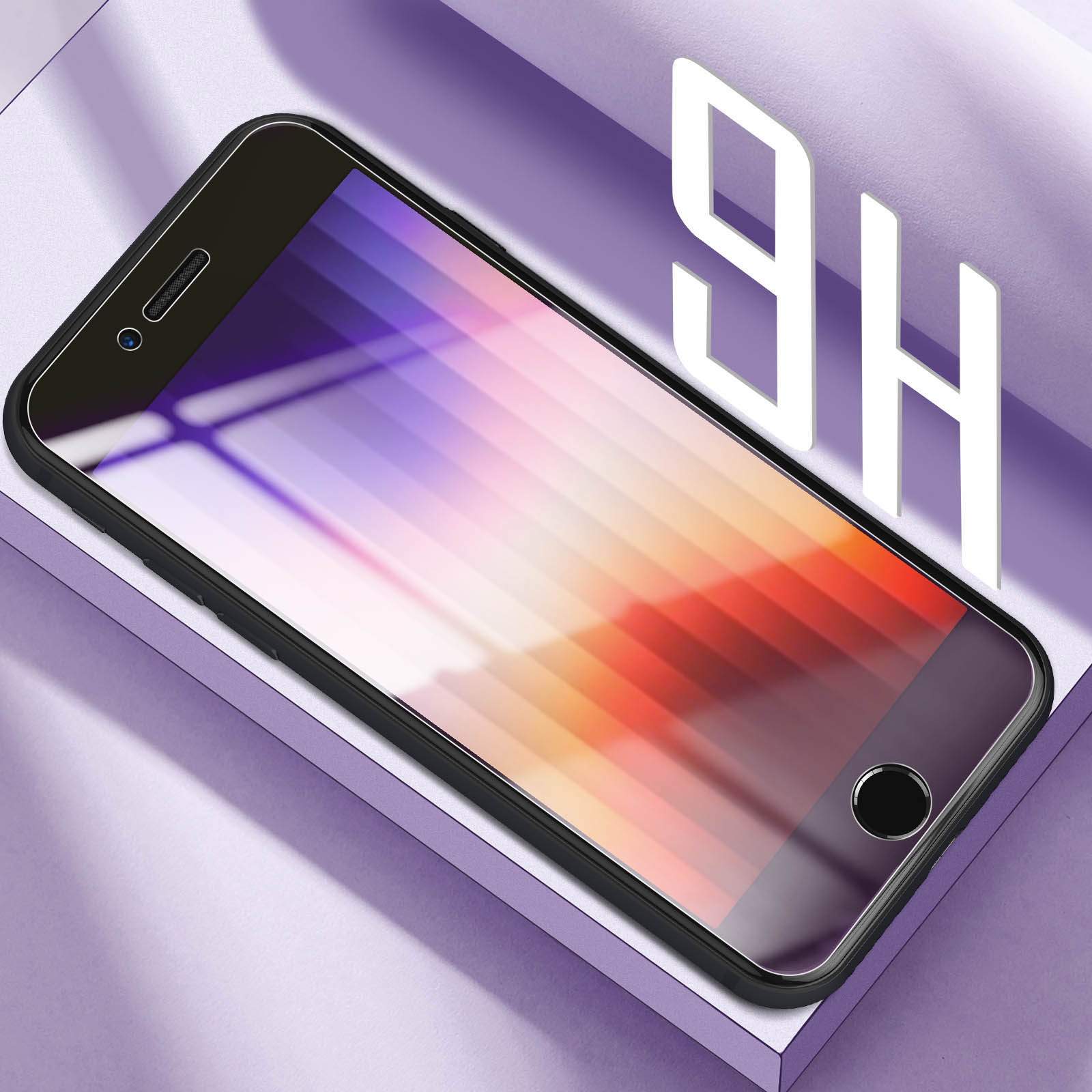Uno smartphone con proteggi schermo 9H su sfondo viola.