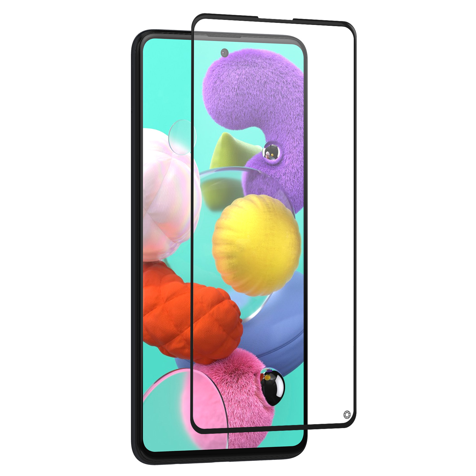 Una protezione schermo trasparente su uno smartphone che mostra oggetti colorati e soffici.