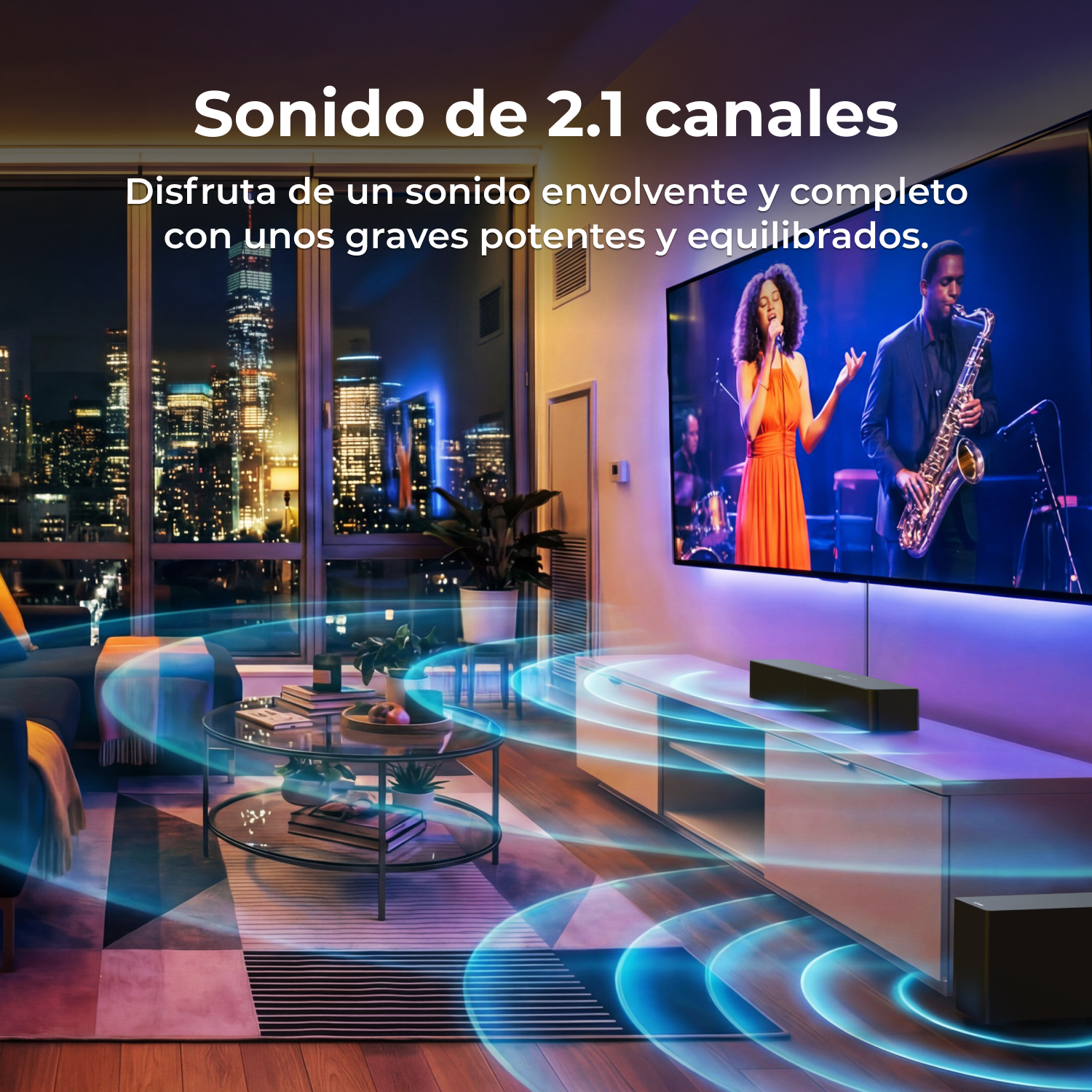 Una sala con TV mostrando una banda y ondas sonoras.