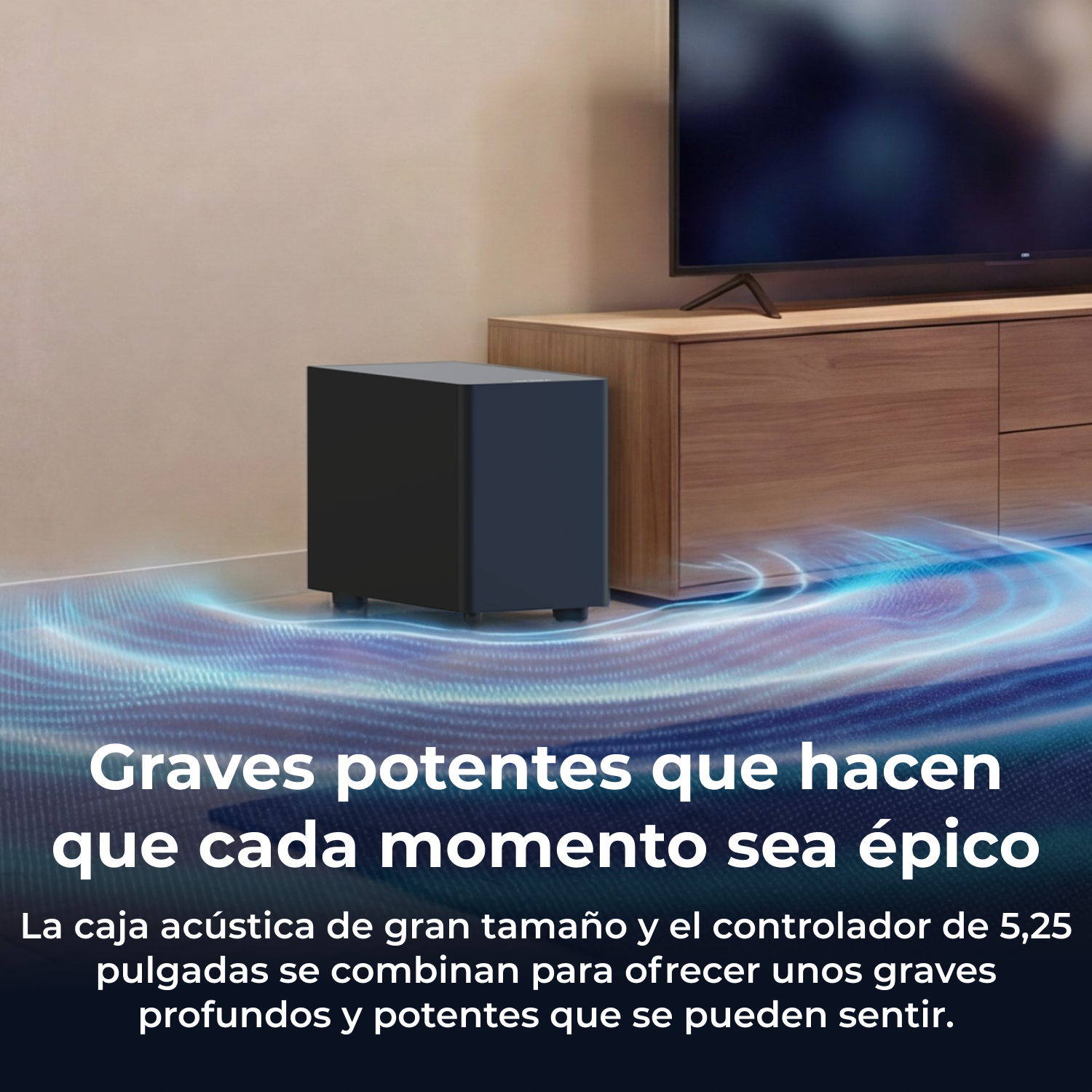 Subwoofer negro junto a mueble de madera y TV, con ondas.