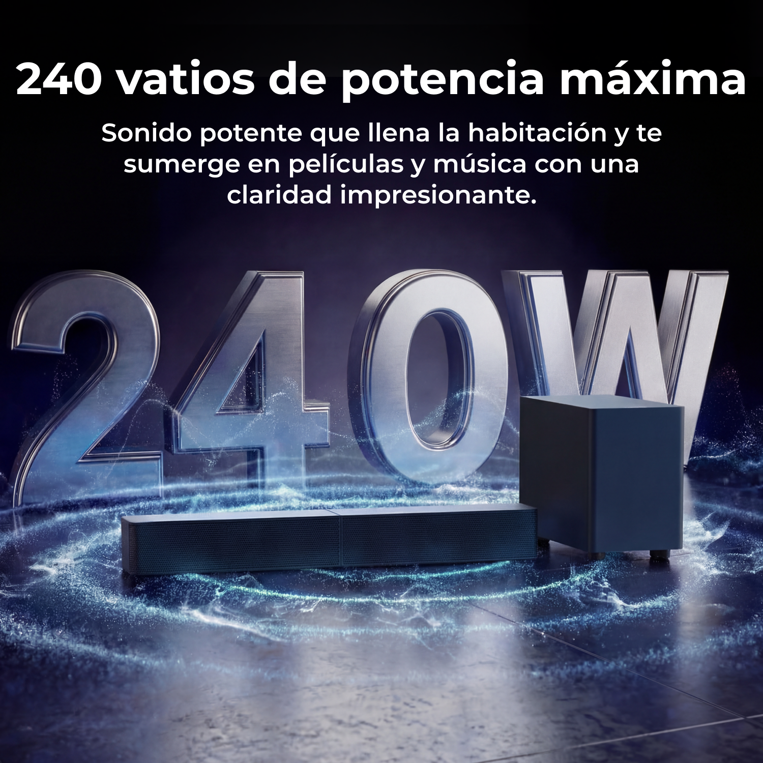 Barra de sonido y subwoofer de 240W con efecto 3D brillante.