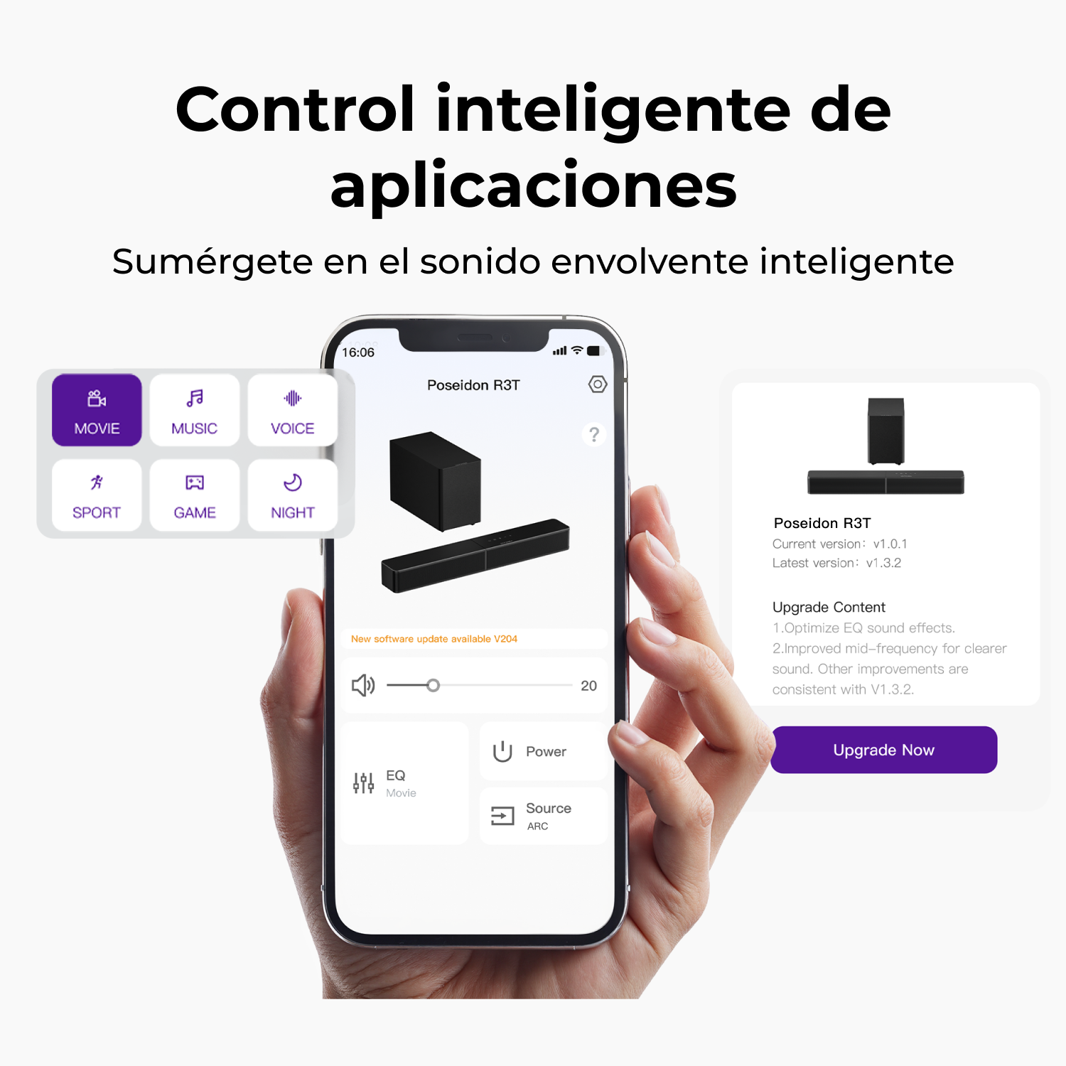 Mano sujetando smartphone con app para altavoces Poseidon R3T, actualización.