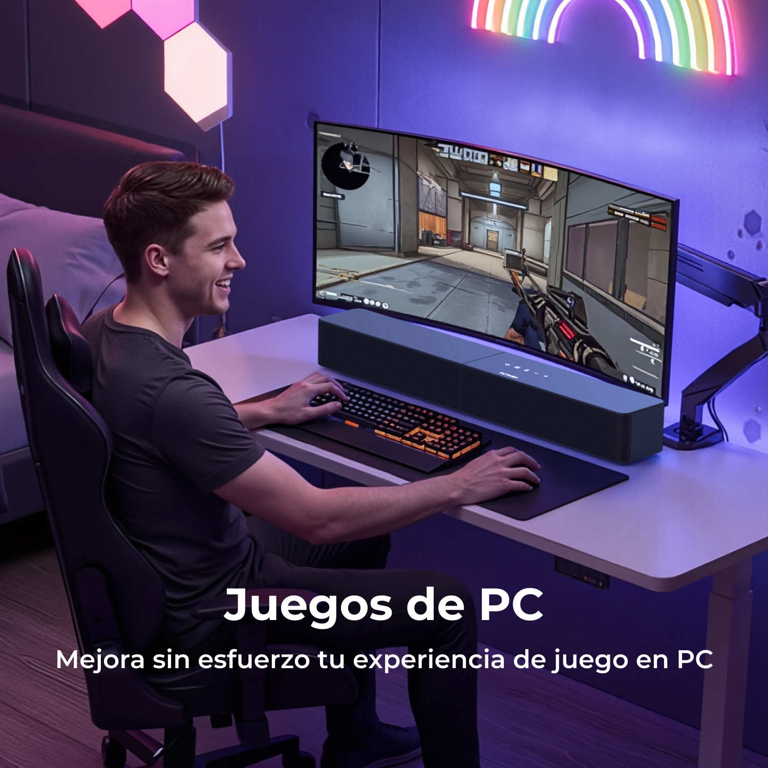Hombre jugando shooter en primera persona en PC, con luces de neón.