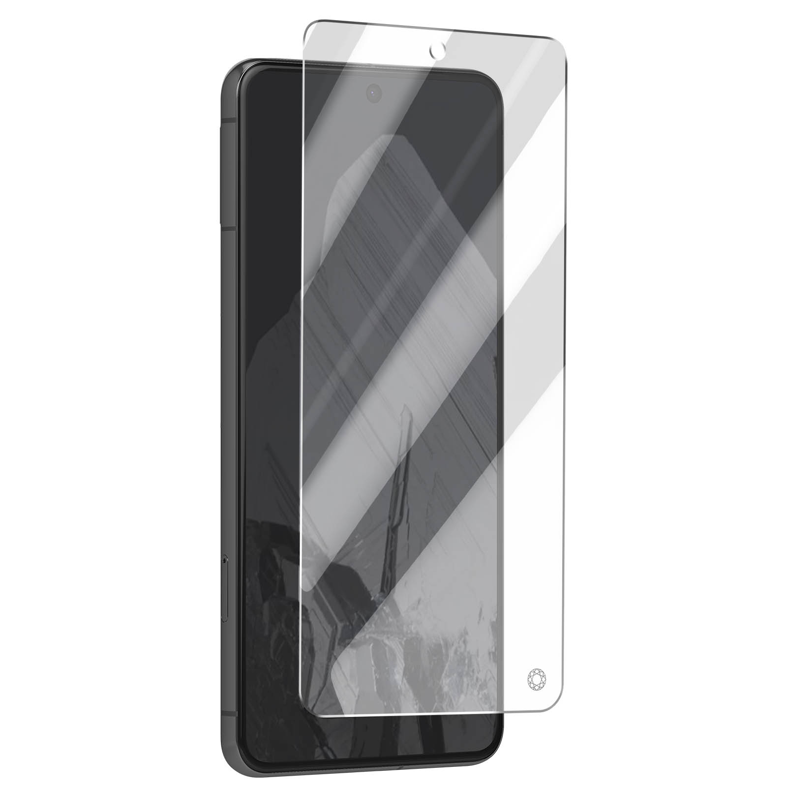 Een zwarte smartphone met een schermprotector erop.