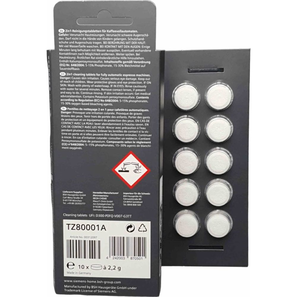 Package with 10 Siemens cleaning tablets, white, round.
