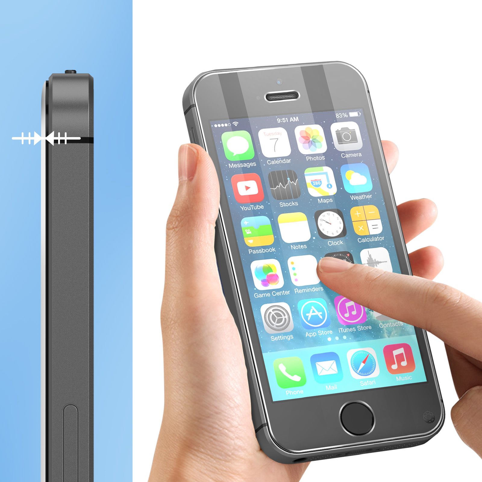 A hand holds a smartphone, with a finger touching the screen.