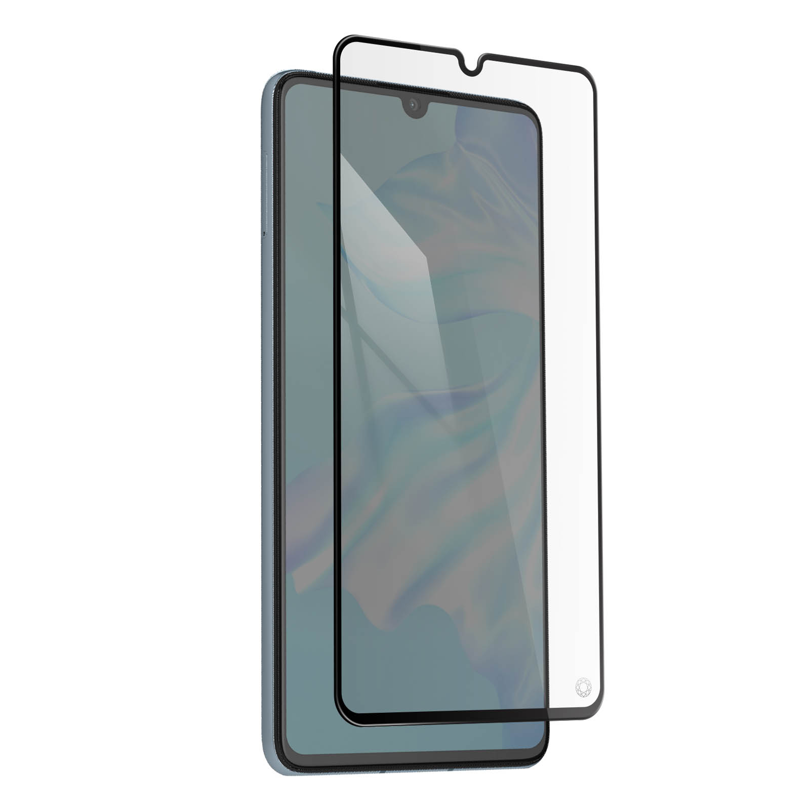 Uno smartphone con una protezione schermo in vetro parzialmente appoggiata.
