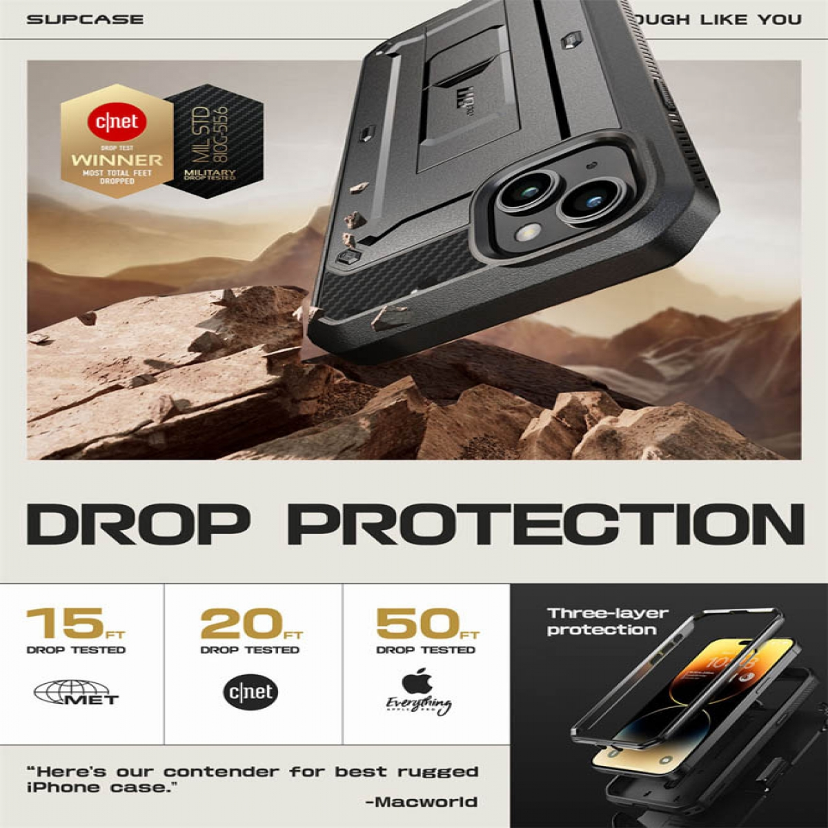 Custodia nera per iPhone con supporto su rocce. Sigilli test caduta e info mostrati.