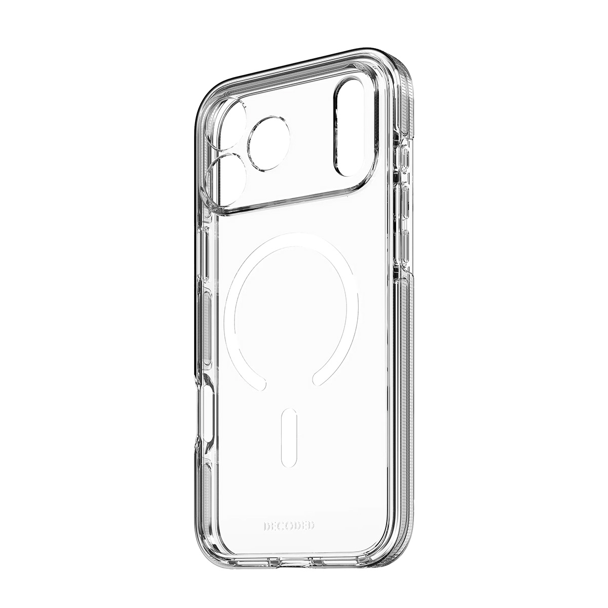 Custodia trasparente per telefono con ritaglio fotocamera e anello MagSafe.