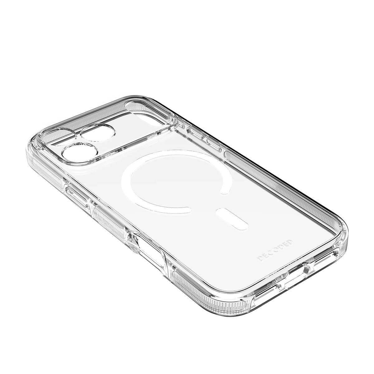 Custodia trasparente per telefono con cerchio MagSafe e logo su sfondo bianco.