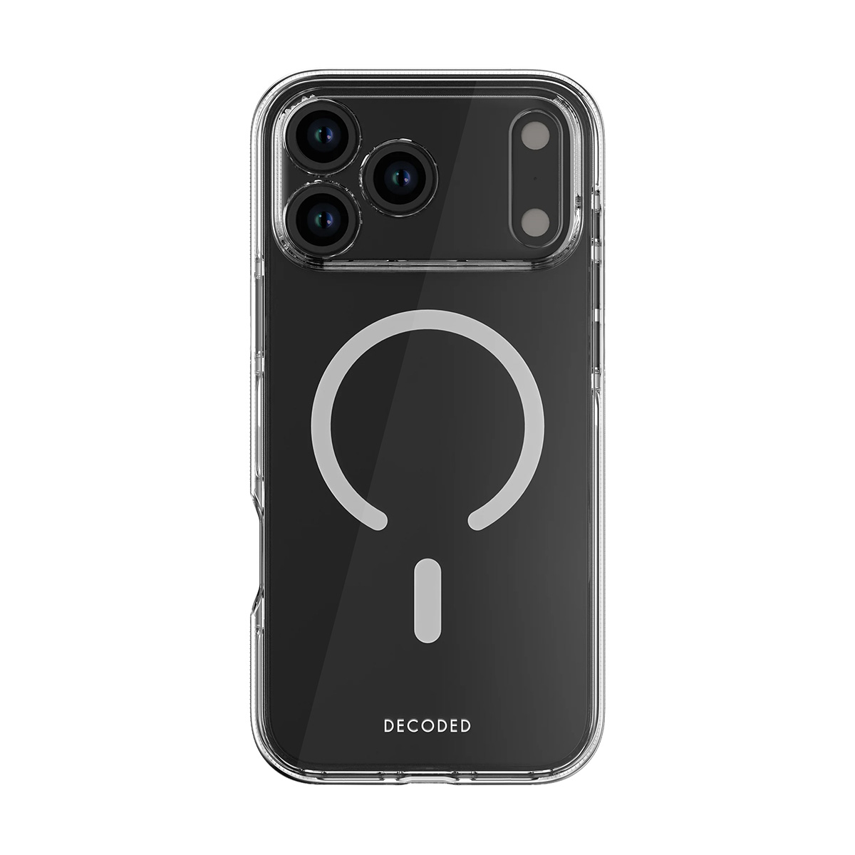 Custodia trasparente per telefono con tripla fotocamera e anello magnetico.