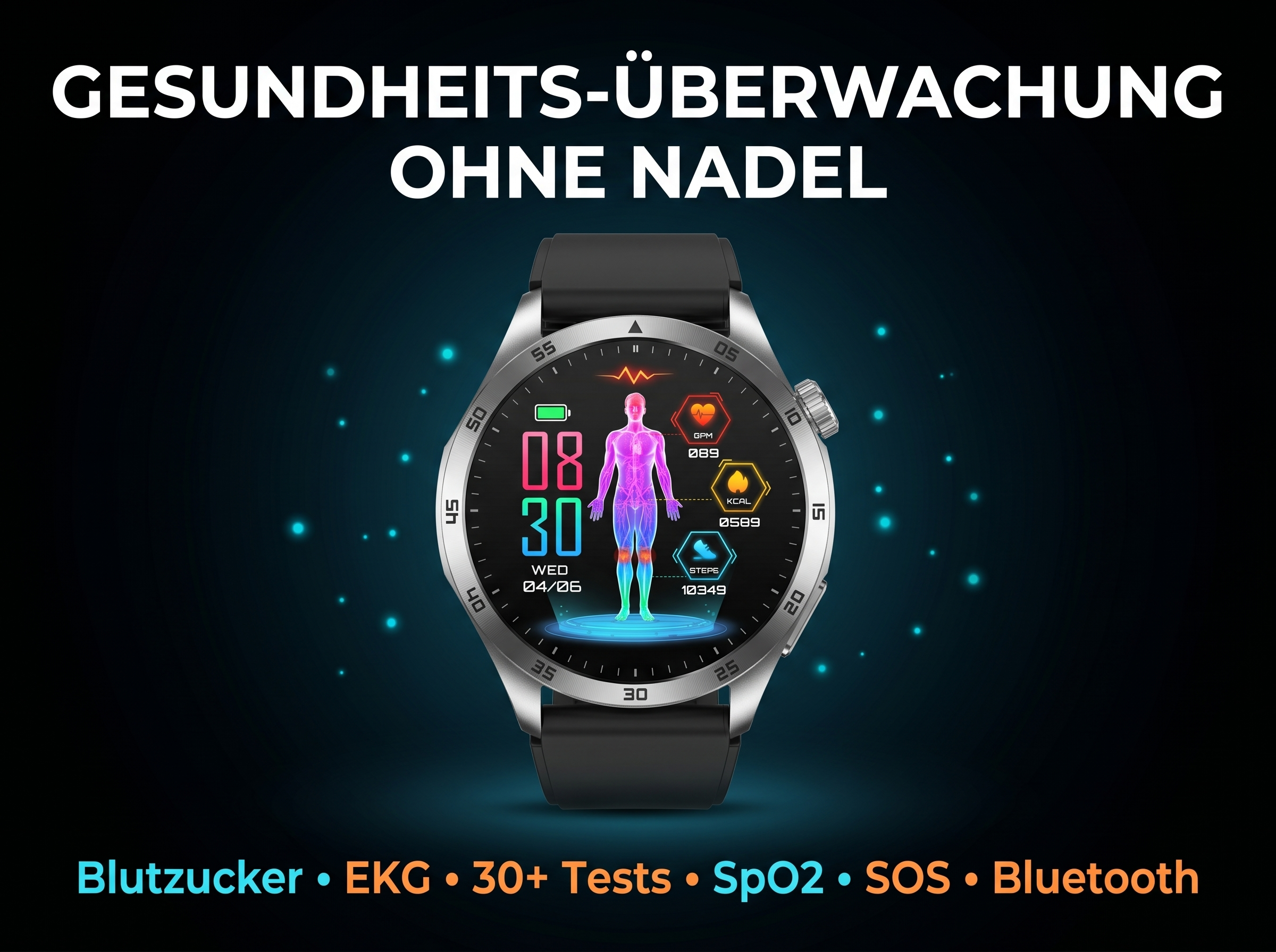 Smartwatch mit Gesundheitsdaten: Uhrzeit, Herzfrequenz, Schritte, Kalorien.