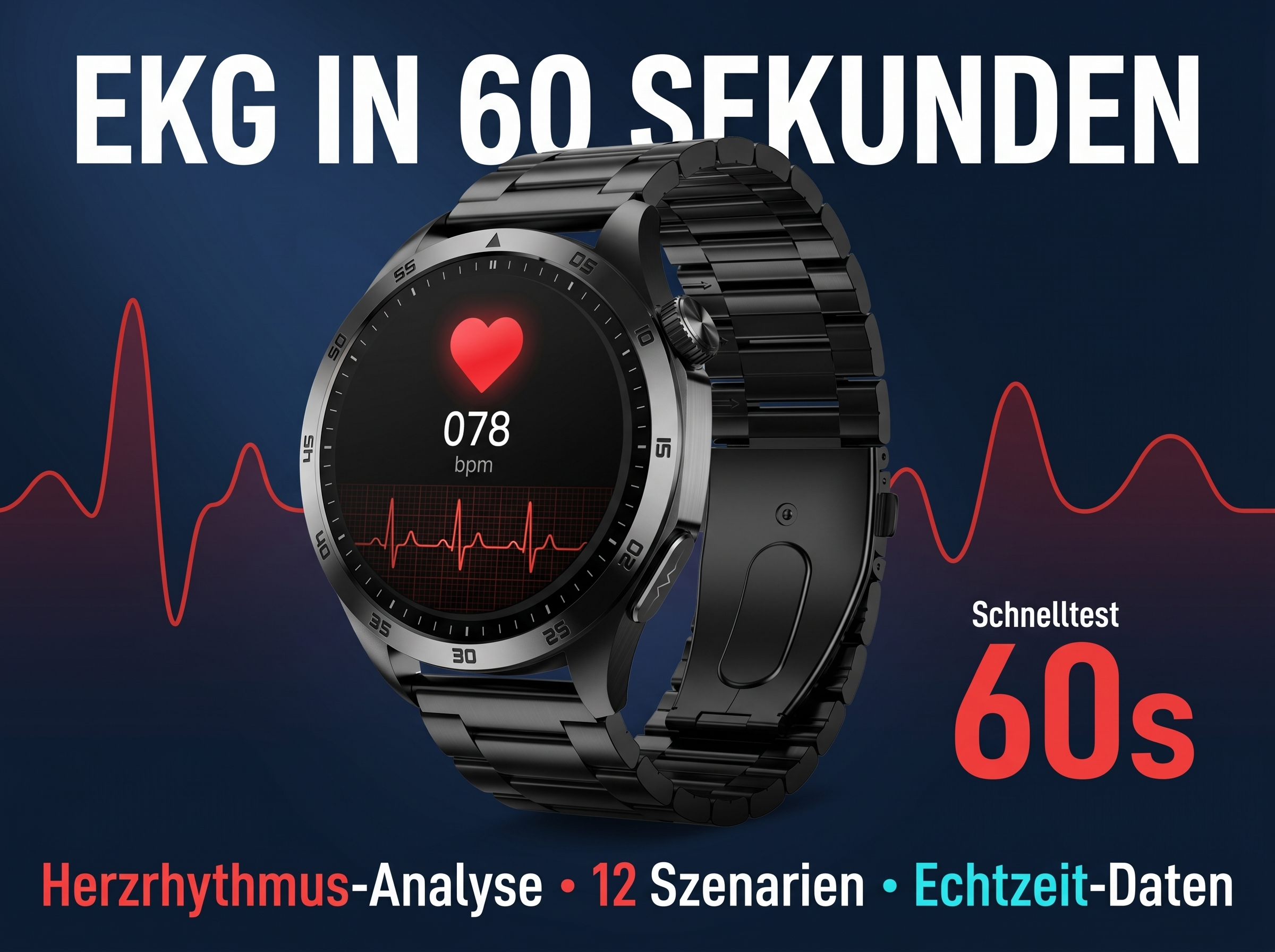 Schwarze Smartwatch zeigt EKG-Daten und Herzfrequenz 78 bpm. Hintergrund mit EKG-Linien.