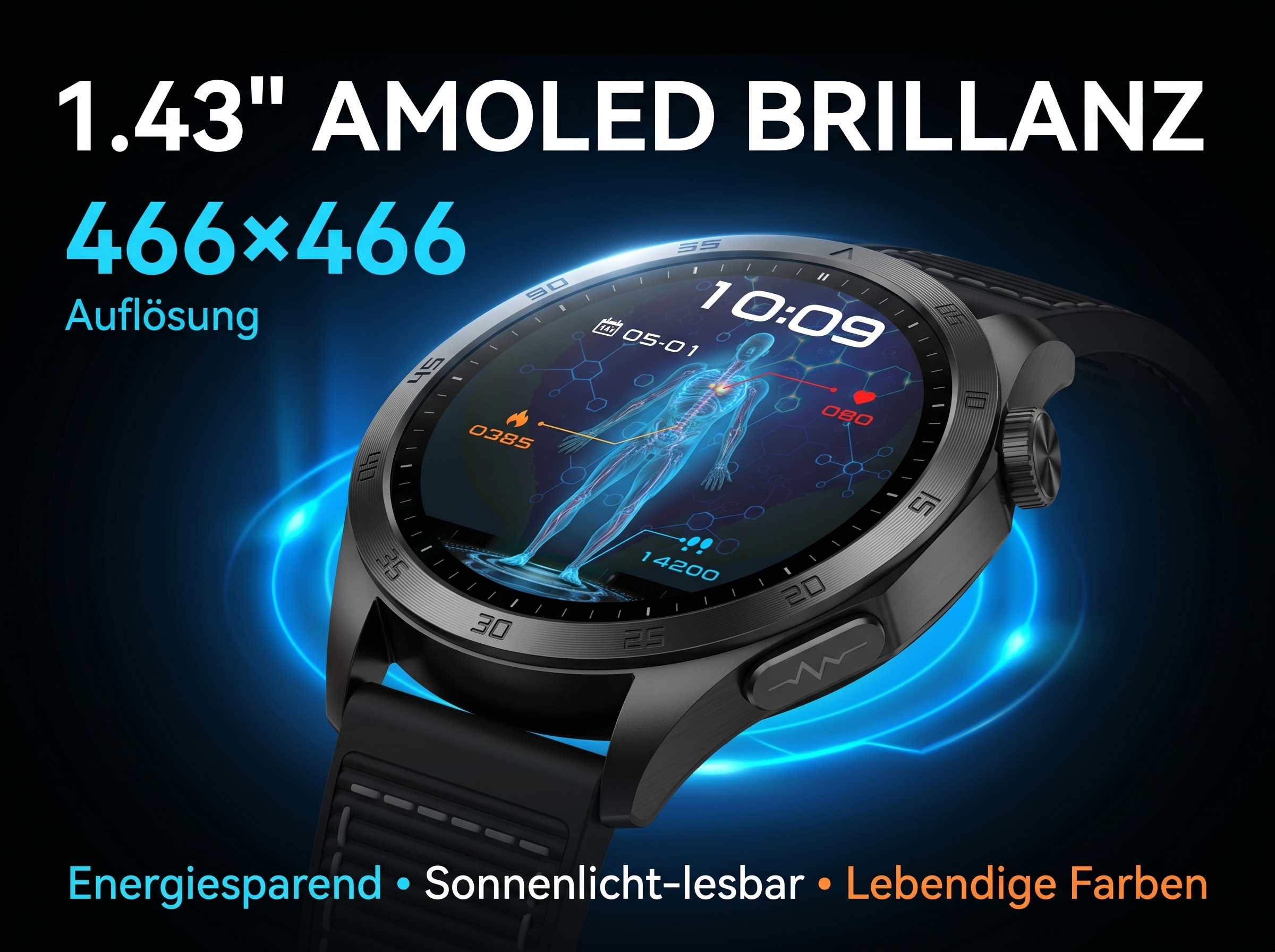 Eine schwarze Smartwatch mit AMOLED-Display, das eine menschliche Figur zeigt.