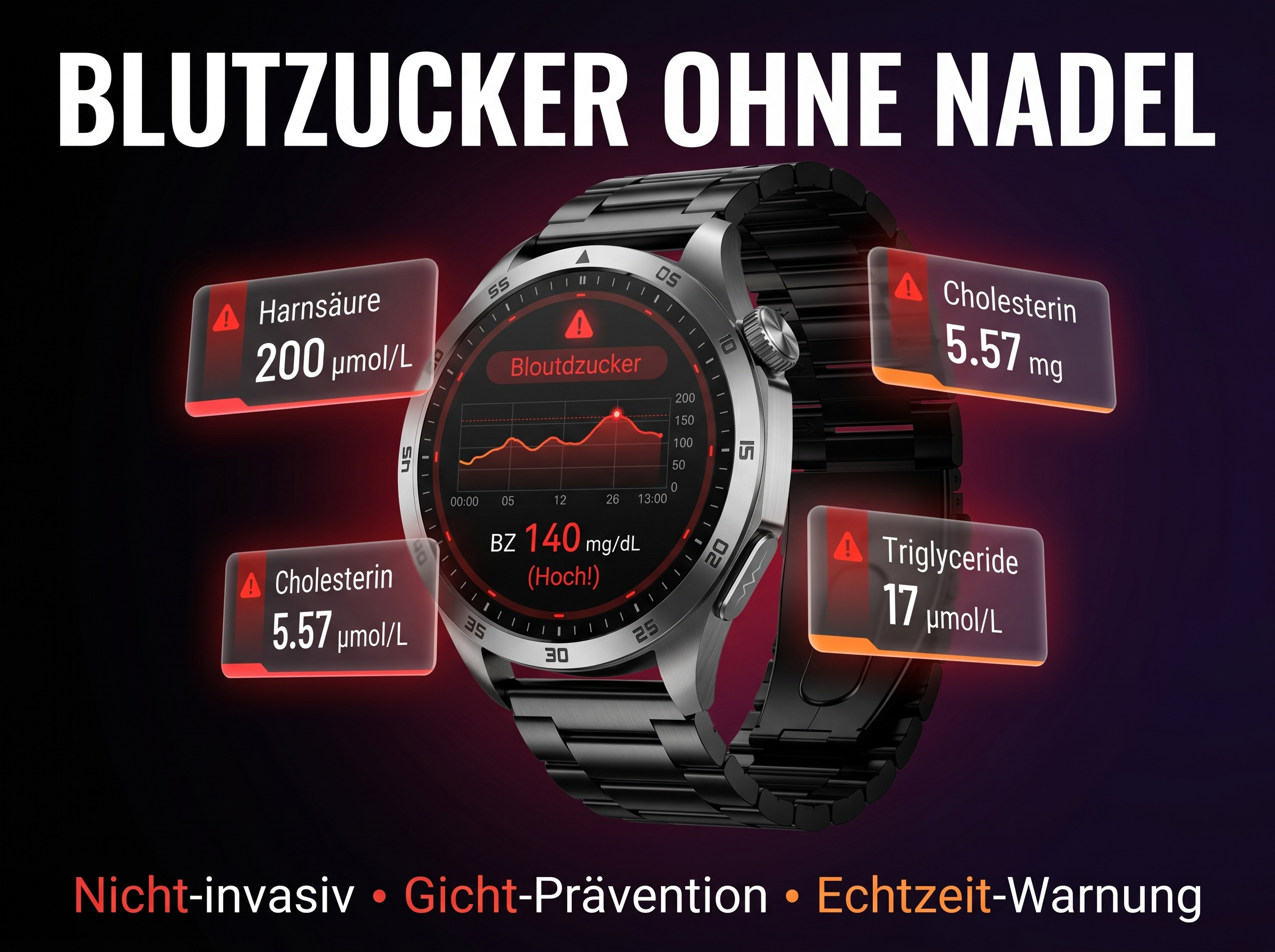 Smartwatch zeigt Blutzucker, Cholesterin, Harnsäure, Triglyceride an.