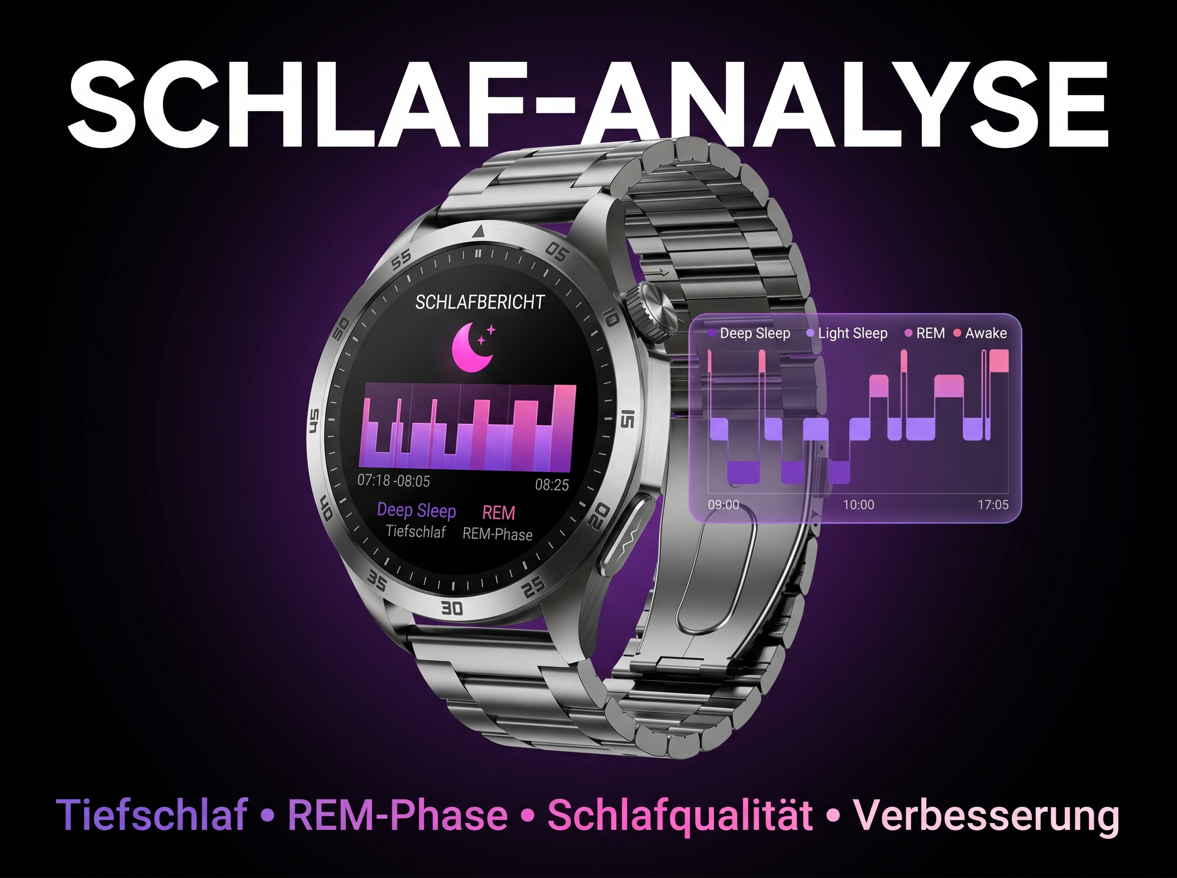 Eine Smartwatch zeigt eine Schlaf-Analyse mit Tiefschlaf, REM und Wachphasen.