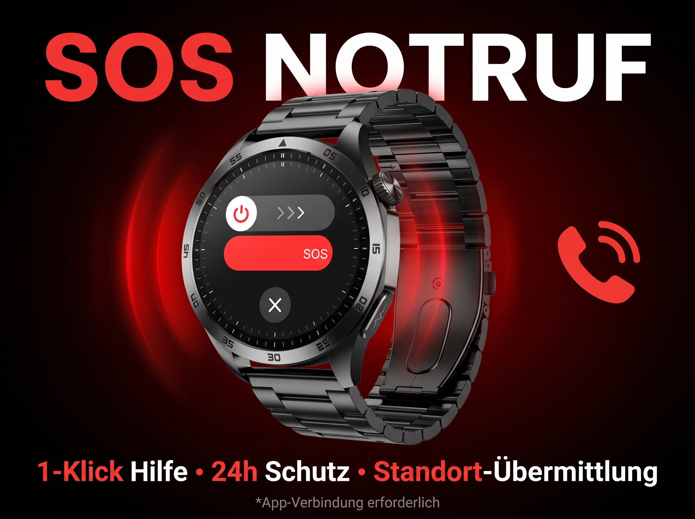 Eine schwarze Smartwatch mit SOS-Funktion und roten Wellen.
