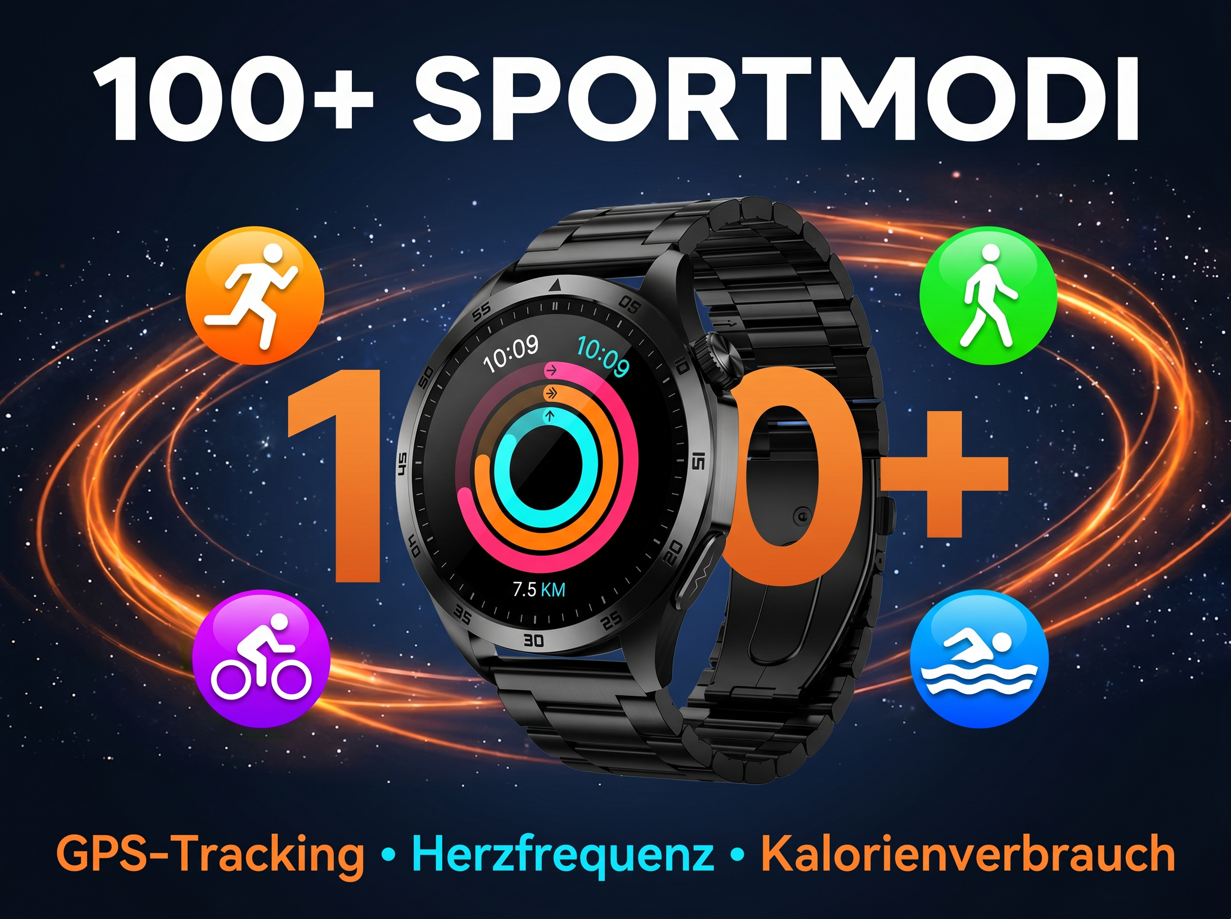 Smartwatch mit 100+ Sportmodi, GPS, Herzfrequenz und Kalorienverbrauch.