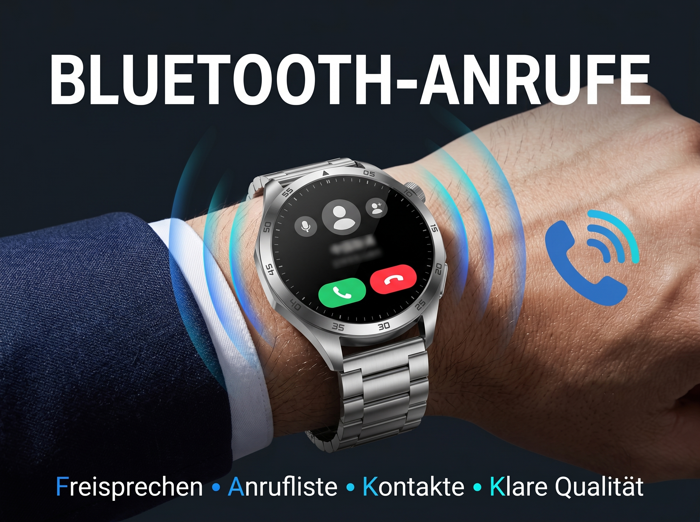 Eine silberne Smartwatch am Handgelenk zeigt einen eingehenden Anruf mit grünen und roten Antwortoptionen.