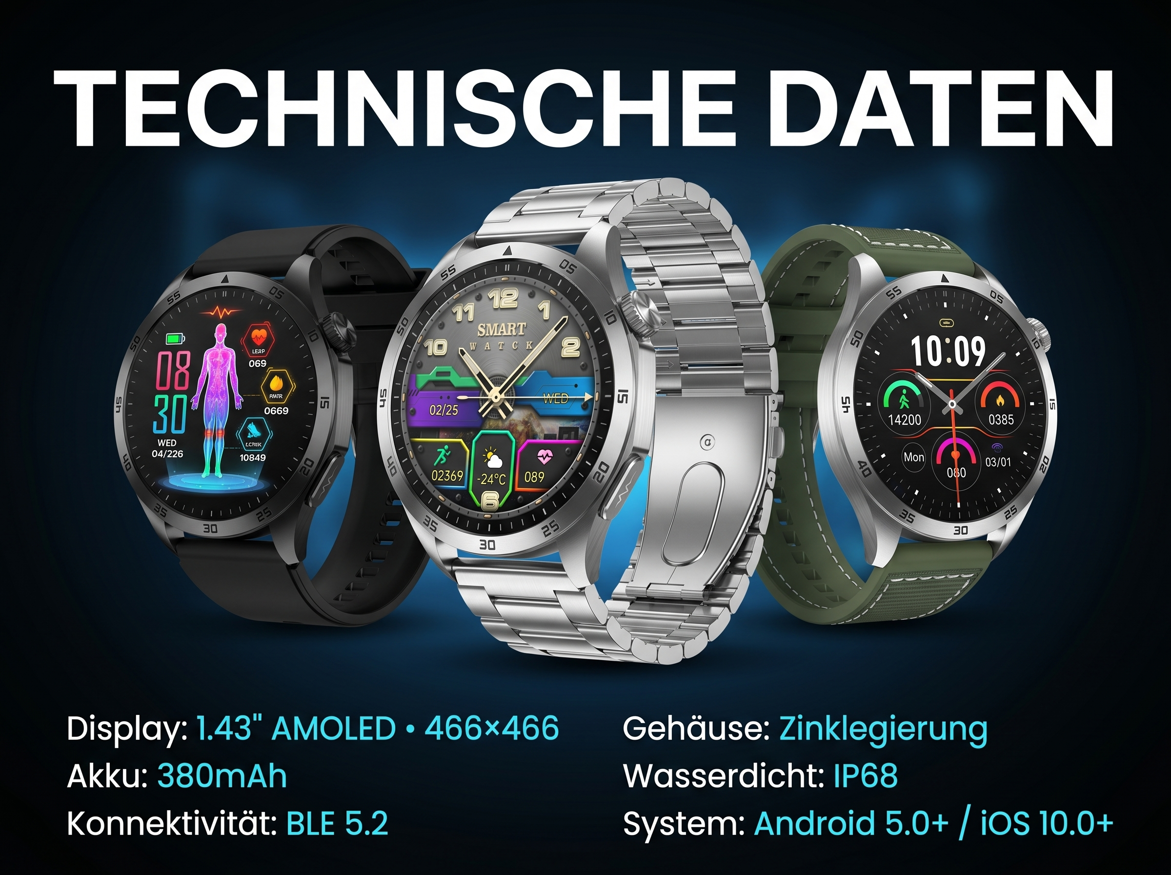 Drei Smartwatches in Schwarz, Silber und Grün mit technischen Daten.