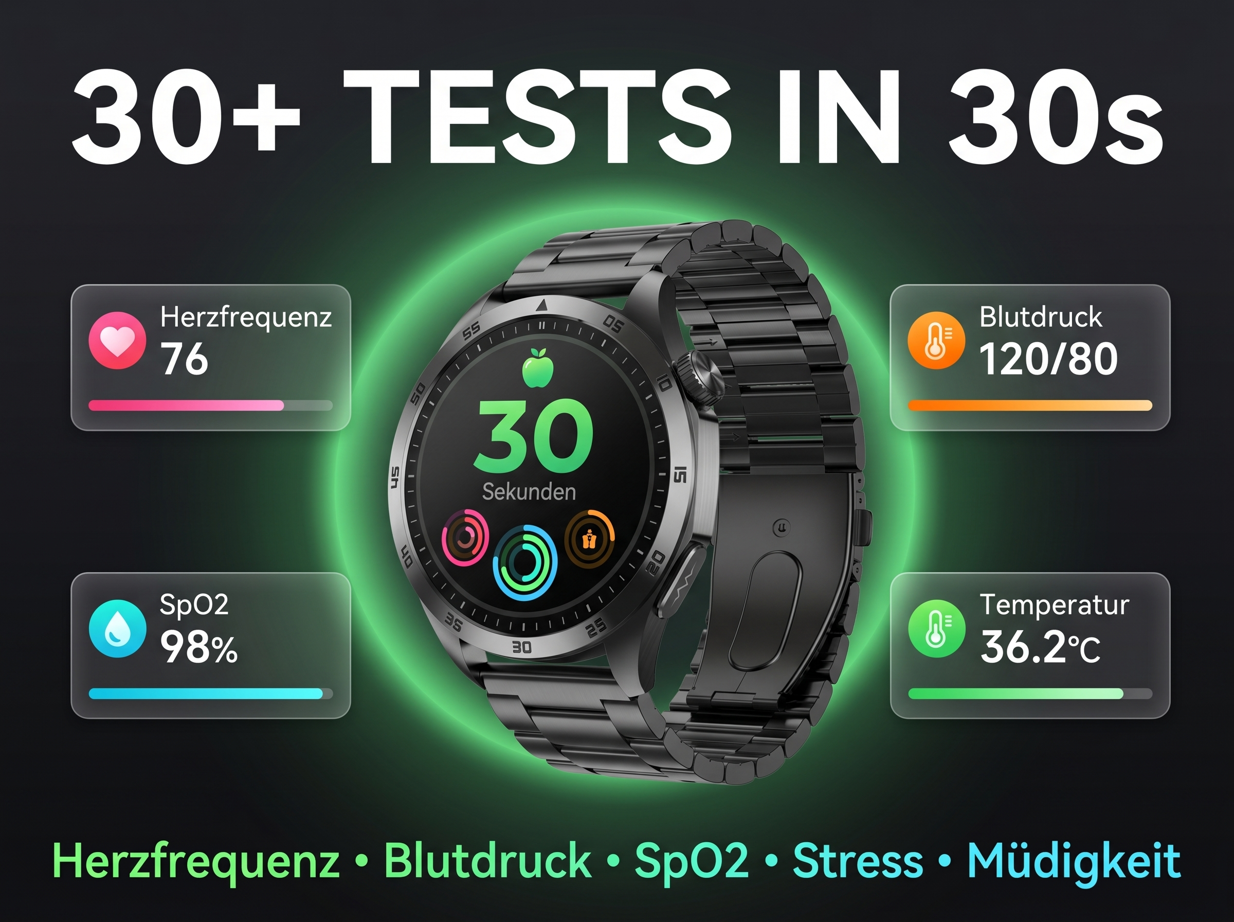 Smartwatch zeigt Herzfrequenz, Blutdruck, SpO2, Temperatur. Titel: 30+ Tests in 30s.