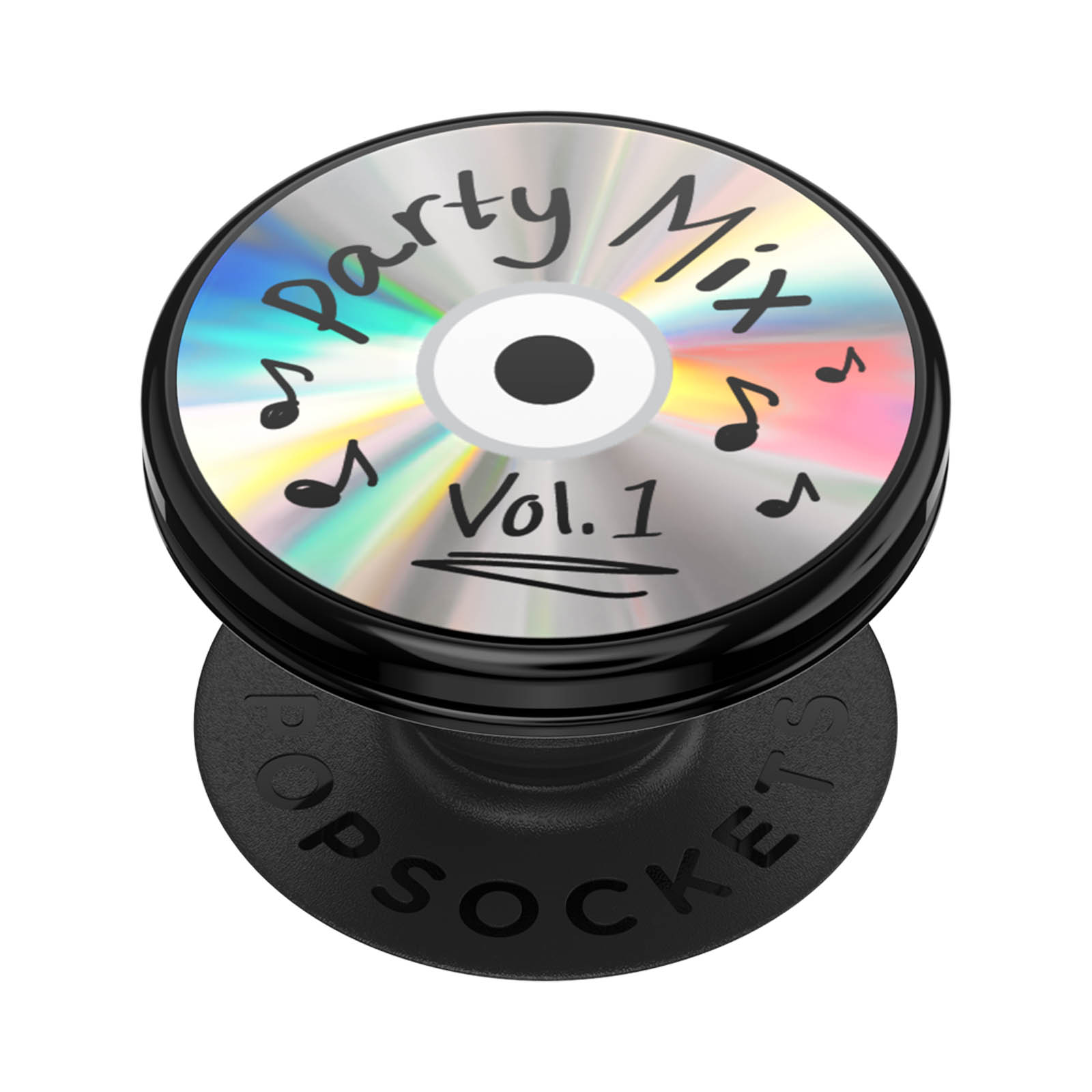Ein schwarzer PopSocket hält eine CD mit der Aufschrift „Party Mix Vol. 1“ und Noten.