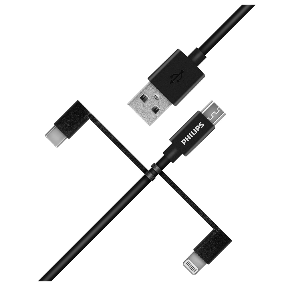 Üç konektörlü siyah bir USB kablosu: USB-A, USB-C ve Lightning.