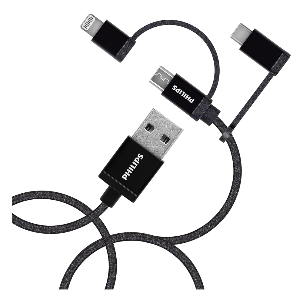 USB, Lightning ve USB-C konektörlü siyah bir Philips şarj kablosu.