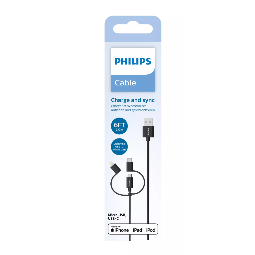 Philips Kablo: Lightning, USB-C, Micro USB konektörlü 6FT şarj kablosu.