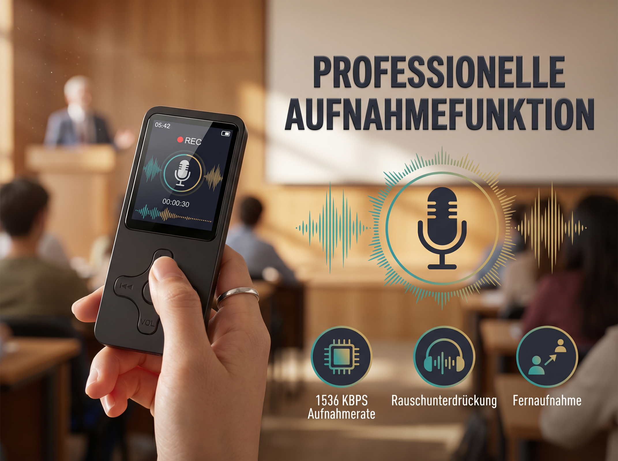 Hand hält Aufnahmegerät in einem Vortragssaal mit Grafiken zu Aufnahme.