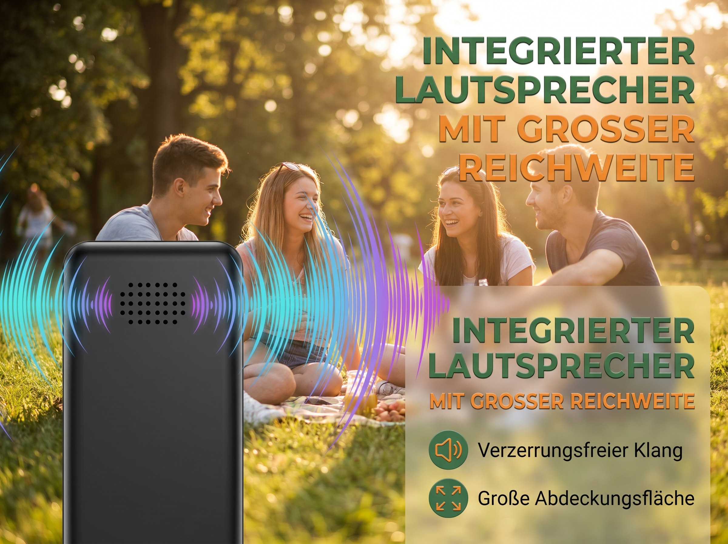 Gruppe von Freunden genießt ein Picknick im Park mit einem tragbaren Lautsprecher.