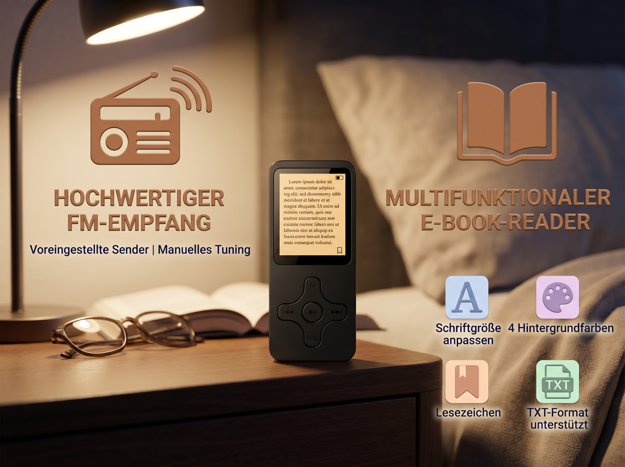Ein E-Reader und Radio auf einem Nachttisch mit Brille und Buch. Icons zeigen Funktionen.