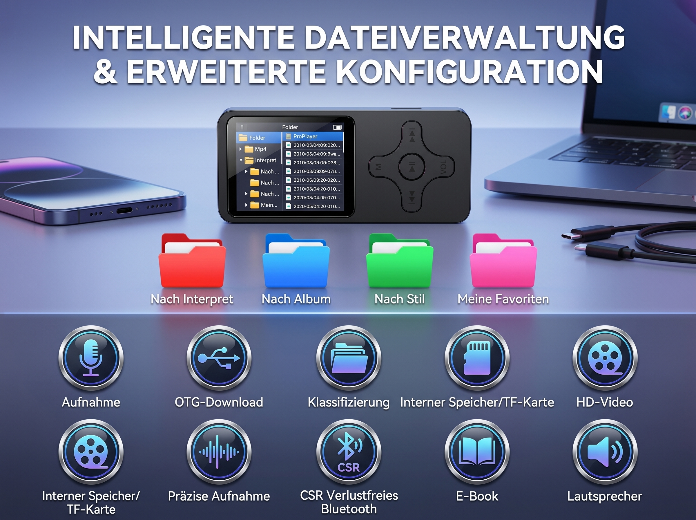 Gerät mit Ordnern, Icons und Text. Es zeigt Dateiverwaltung und Konfiguration.