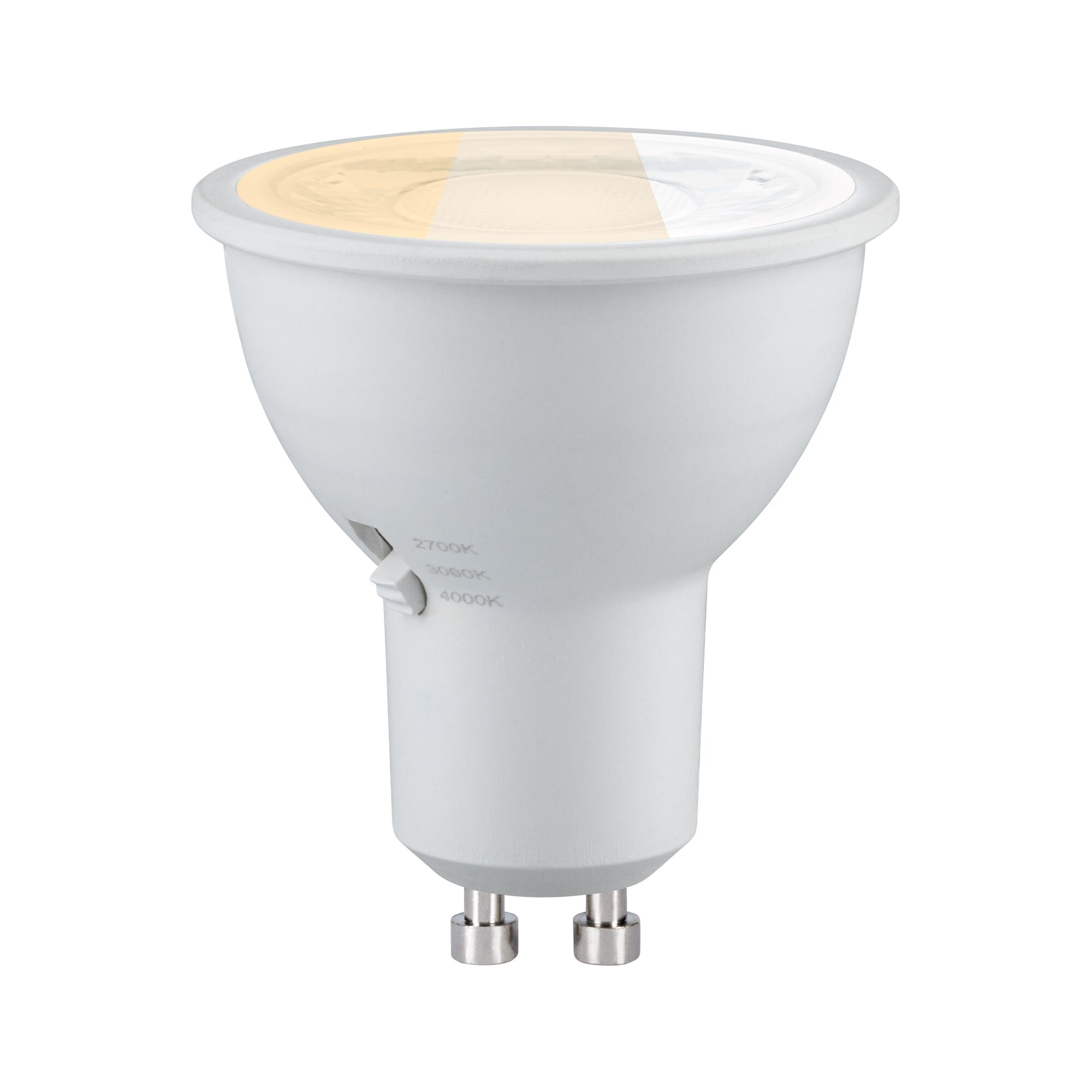 Weiße LED-Lampe mit verstellbarer Farbtemperatur (2700K-4000K) und zwei Pins.