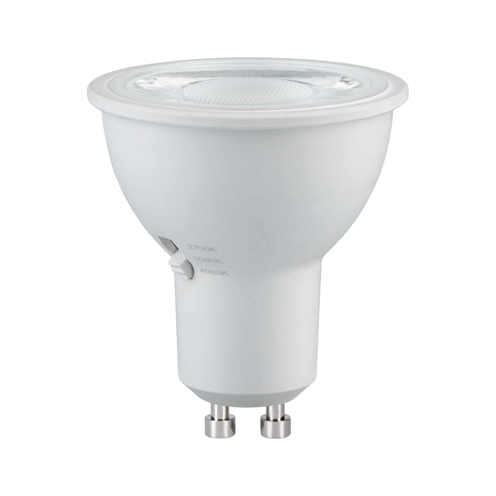 Eine weiße LED-Glühbirne mit einstellbarer Farbtemperatur: 2700K, 3000K, 4000K.