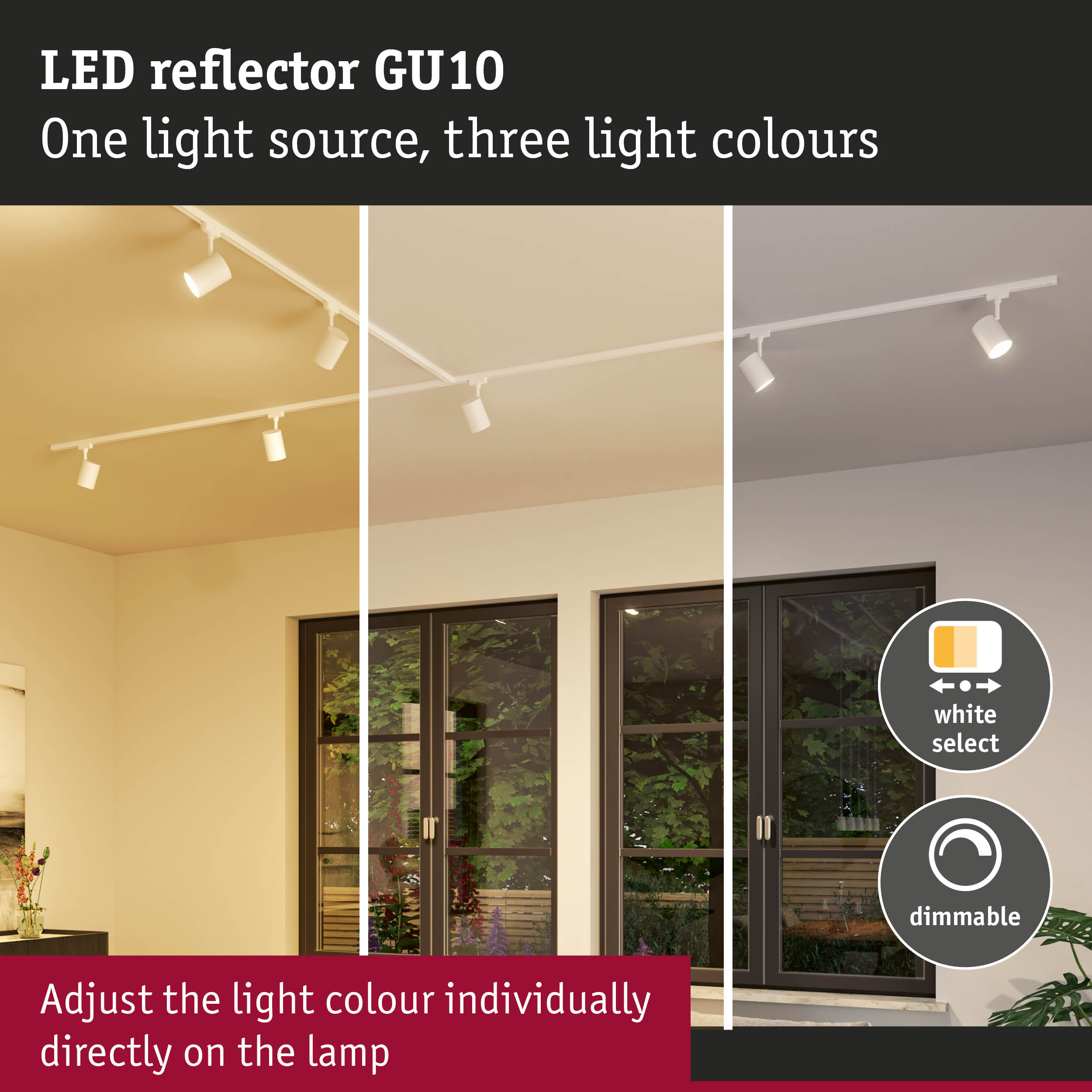 LED-Strahler GU10 in drei Lichtfarben auf einer Schiene montiert.