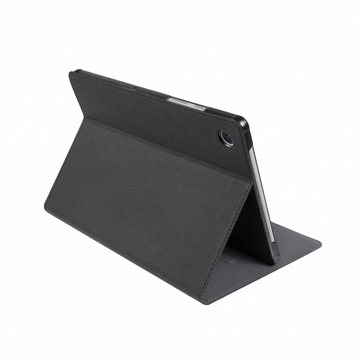 Custodia nera per tablet in piedi, mostra il retro e l'obiettivo della fotocamera.