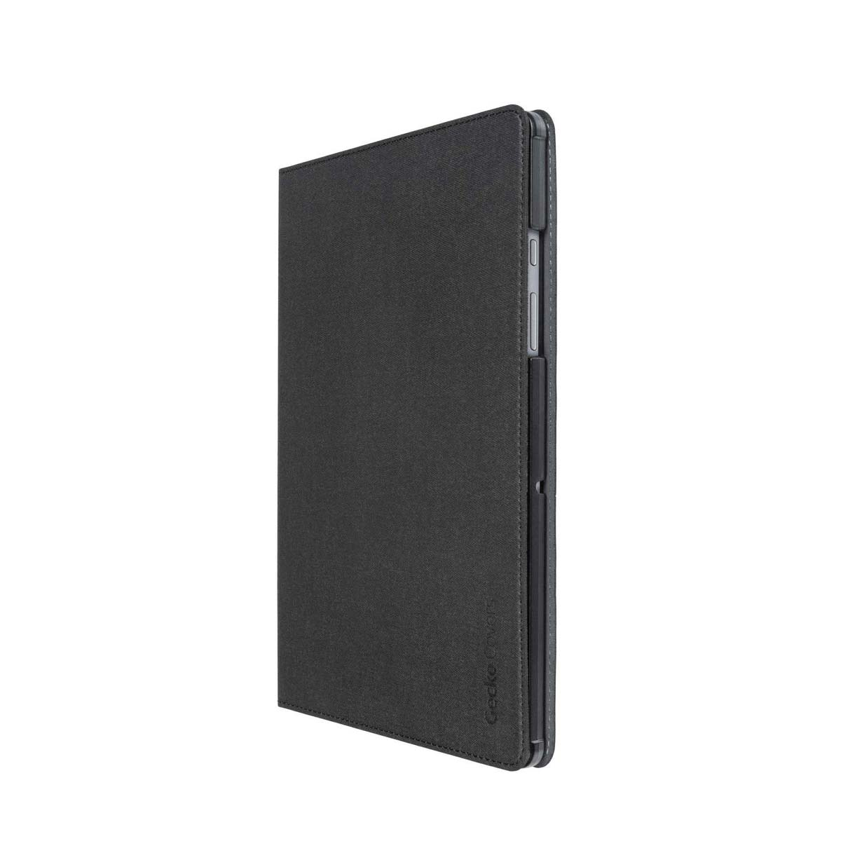 Copertina grigia scuro per tablet, chiusa, vista laterale.