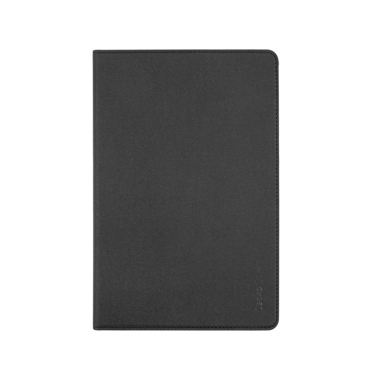 Custodia nera per tablet con cuciture e logo sul lato destro.