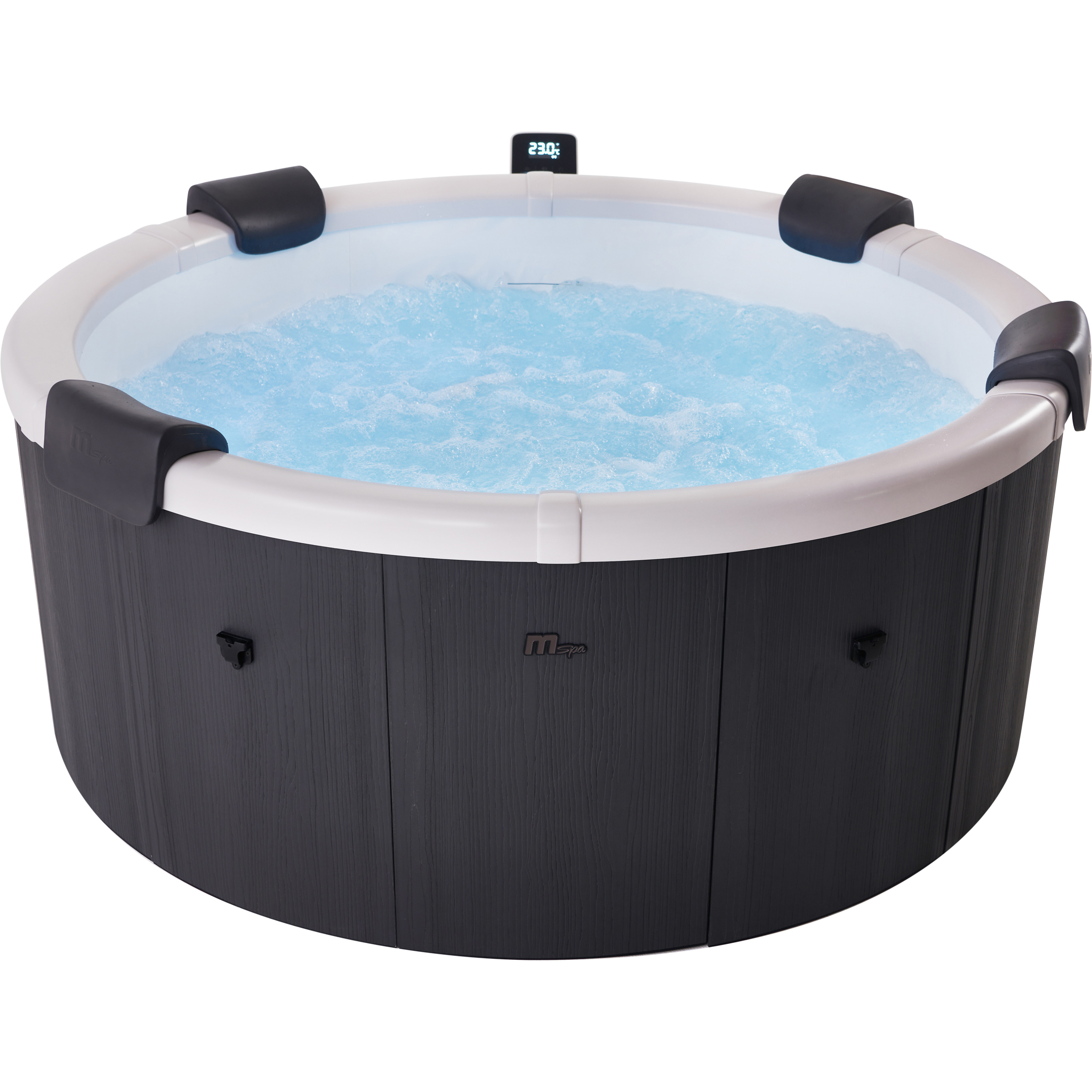 Ein runder Whirlpool mit blauem Wasser und einem digitalen Display bei 23 Grad Celsius.