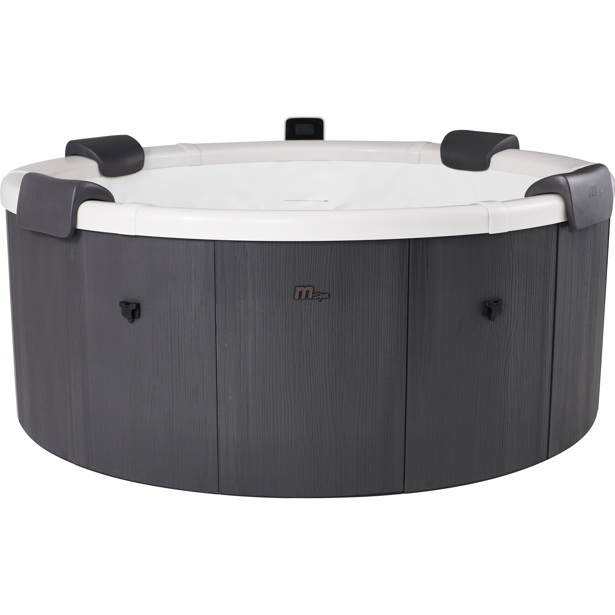 Ein runder, dunkler Whirlpool mit einem weißen Innenraum und Bedienfeld.