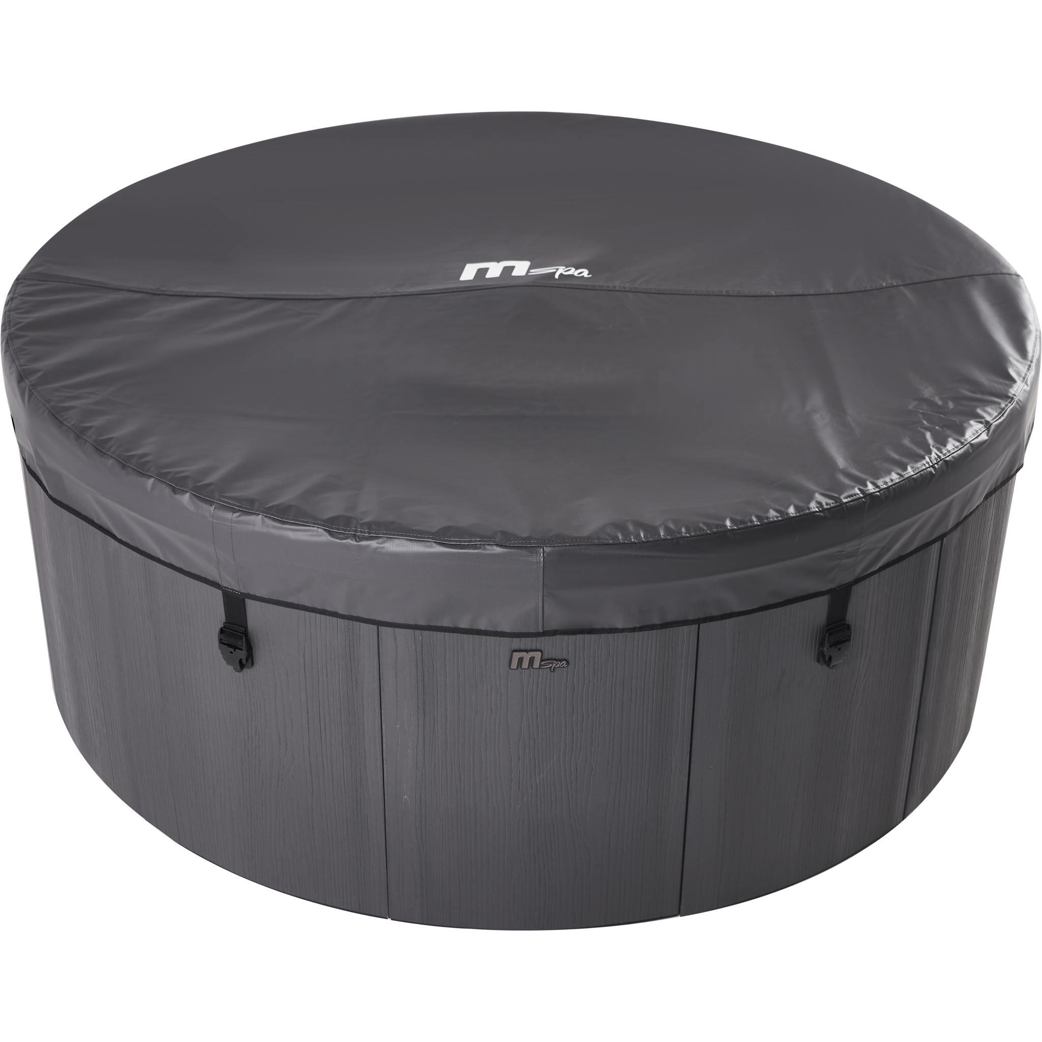 Ein grauer, runder Whirlpool mit einem dunklen Bezug und dem m-spa-Logo.