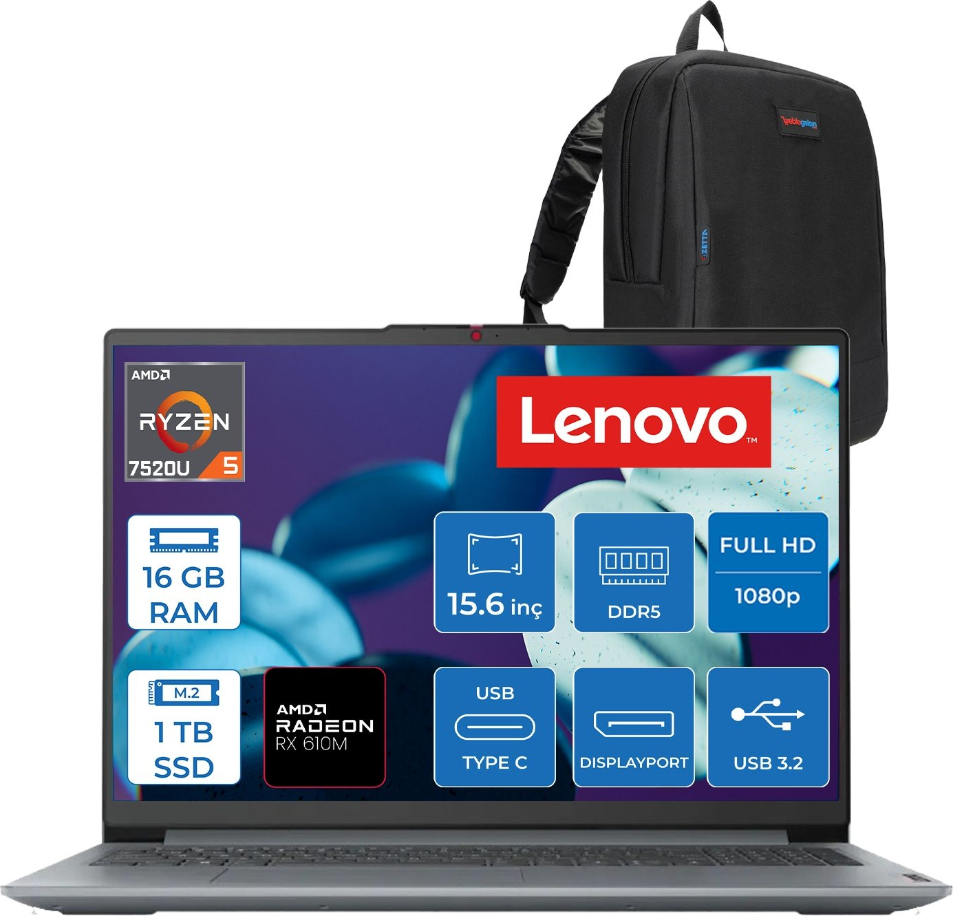 Ryzen 5, 16 GB RAM, 1 TB SSD'li Lenovo dizüstü bilgisayar ve siyah sırt çantası.