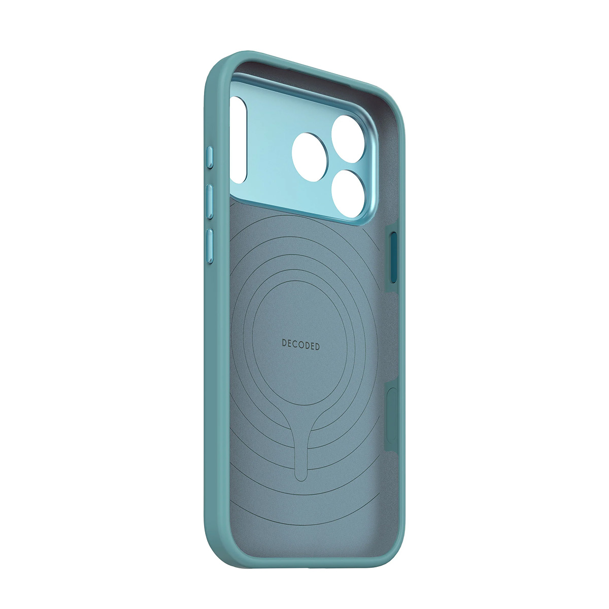 Een teal telefoonhoesje met drie cameralensgaten en het DECODED-logo.
