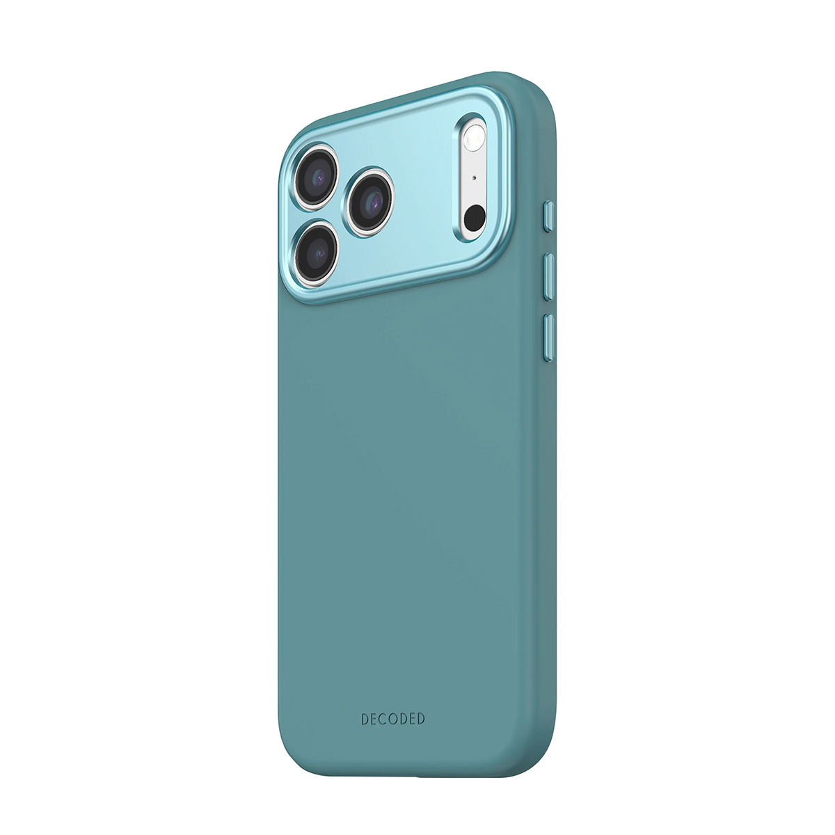 Een tealkleurige telefoonhoes met drie cameralenzen en flitser.