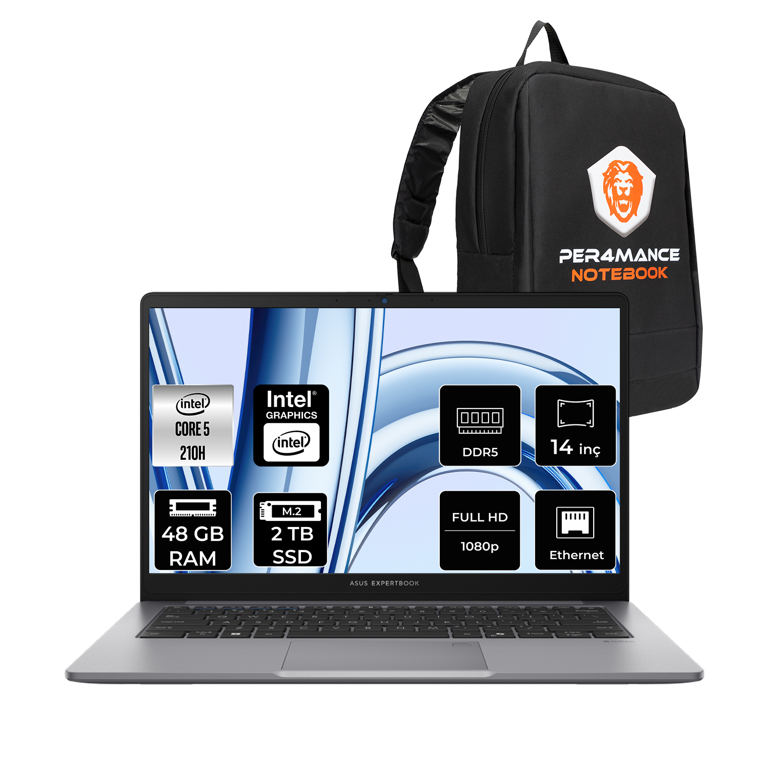 ASUS EB P1 FHD P140316512G0DP329 Intel® Core™ 5 210H 48 GB RAM 2 TB SSD 14 inç FreeDOS Laptop+Çanta Misty Grey
